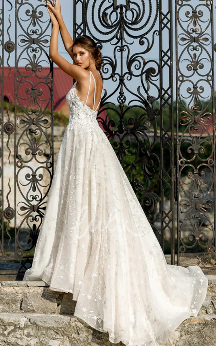 Sleeveless Spaghetti A Line Organza Wedding Dress with Appliques Romantic Wedding Dress