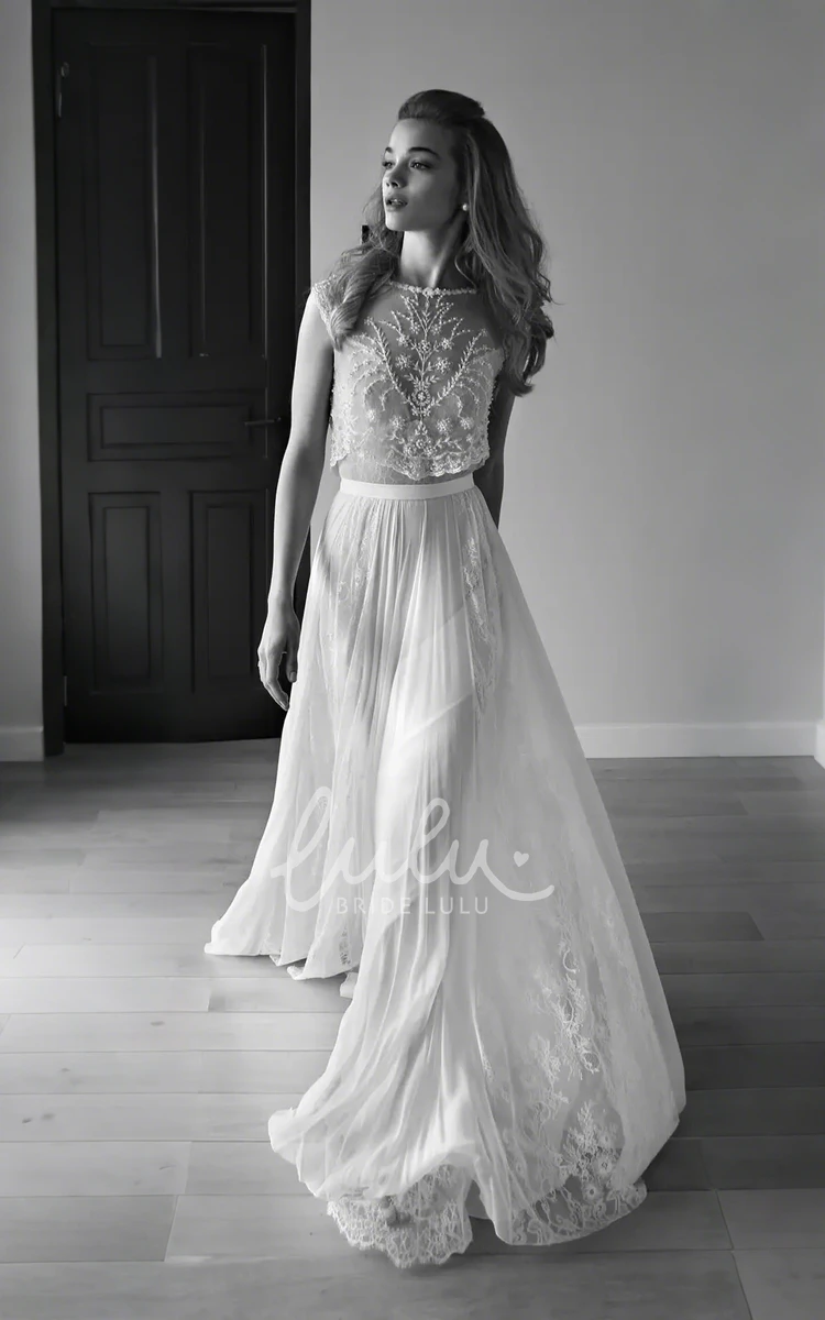 Elegant Boho A-Line Two-Piece Sleeveless Chiffon Beading Wedding Dress with Sweep Train