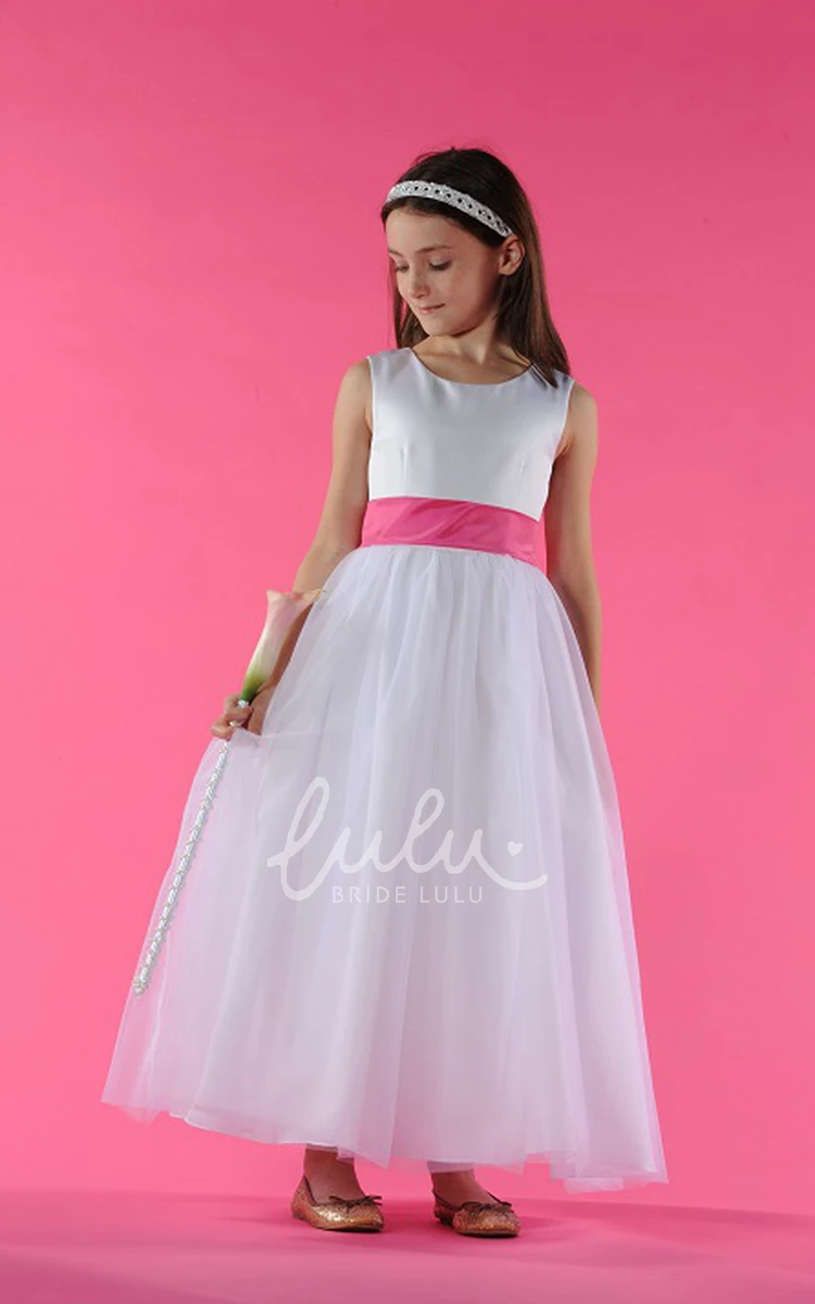 A-line Tulle Flower Girl Dress with Bow Scoop Neck Ankle Length