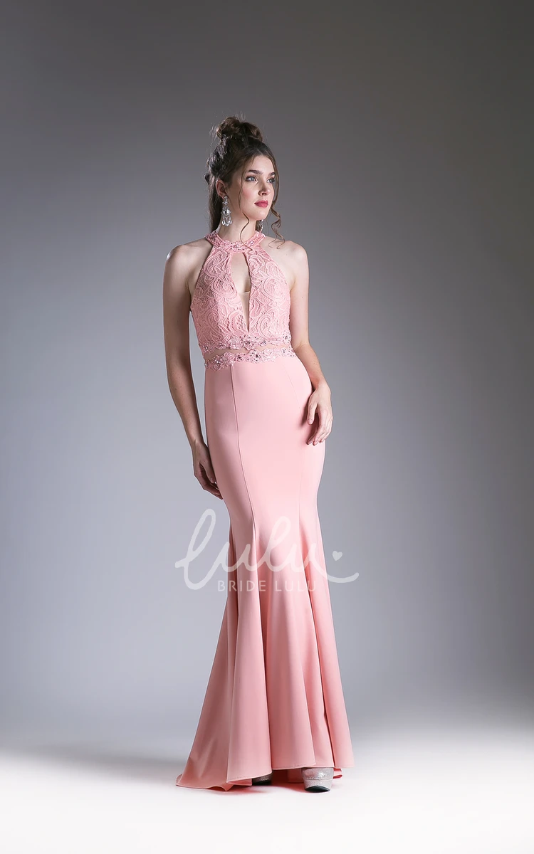 High Neck Sleeveless Maxi Jersey Dress with Lace and Appliques Formal Dress