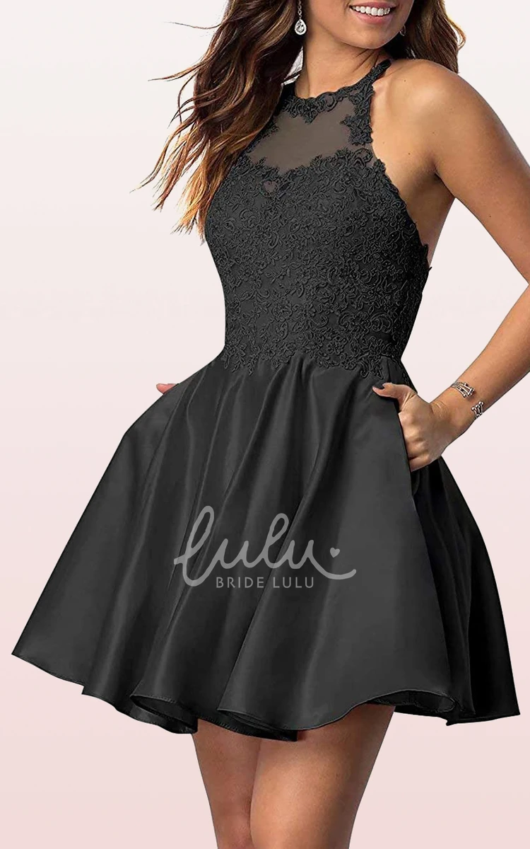 Sleeveless Satin Lace A-Line Homecoming Dress with Appliques Sexy and Elegant