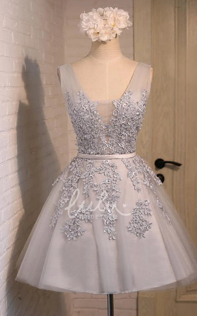 Short V-neck Tulle Lace Dress with Bow Beading and Appliques