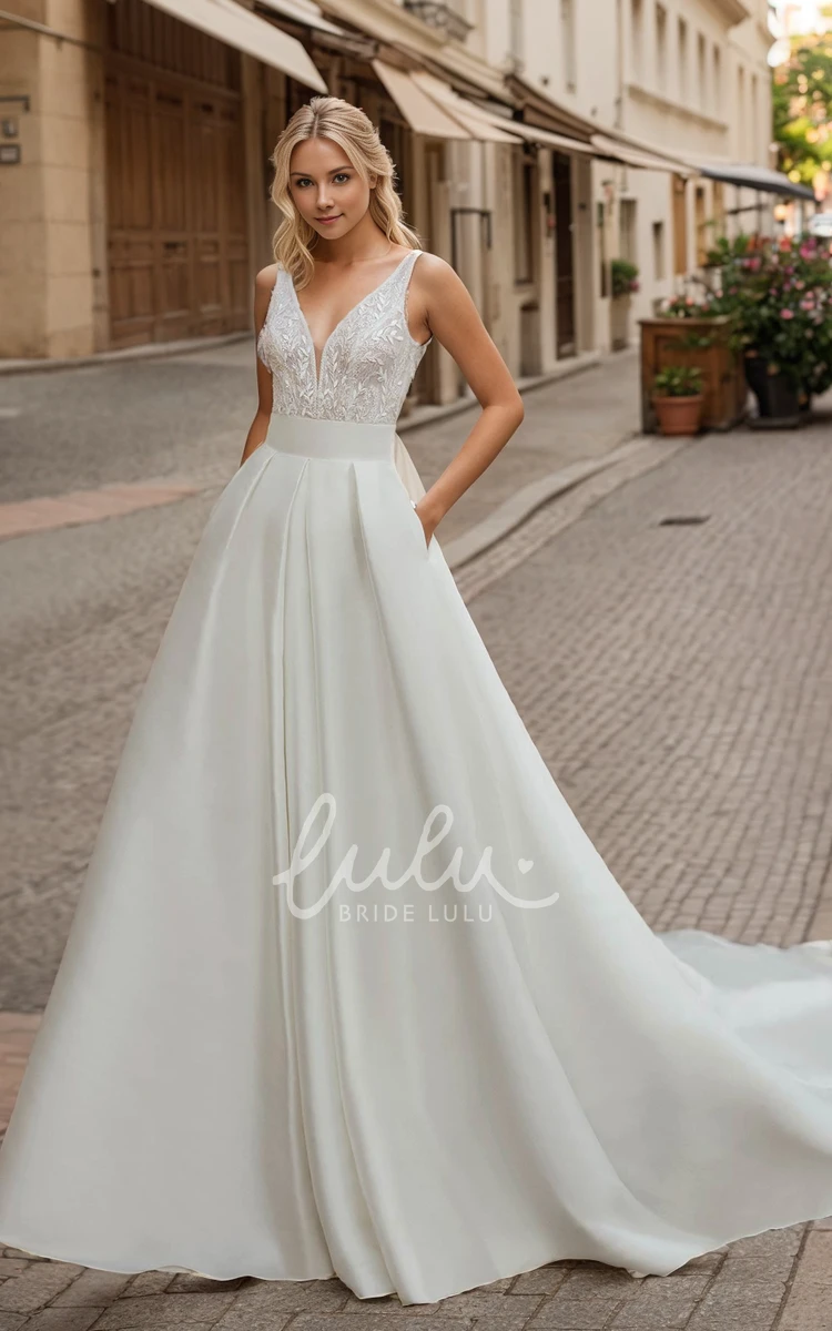 Sexy Romantic Boho A-Line Lace Satin Beach Wedding Dress Solid Modern Sleeveless Deep-V Back Chapel Train Beaded Bridal Gown with Pockets