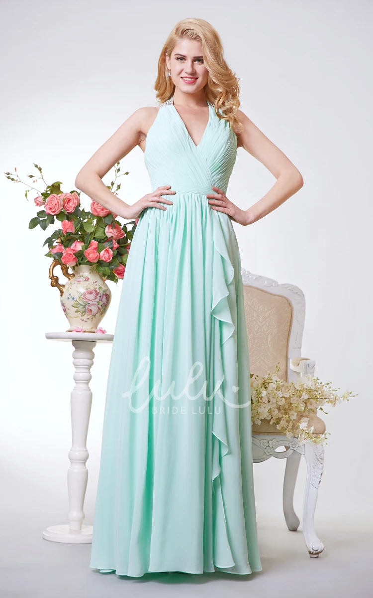 Elegant V-neck Chiffon A-line Dress with Illusion Back Ideal for Bridesmaids