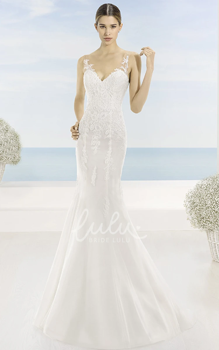 Sleeveless V-Neck Lace Wedding Dress with Sweep Train and Deep-V Back Classic Bridal Gown