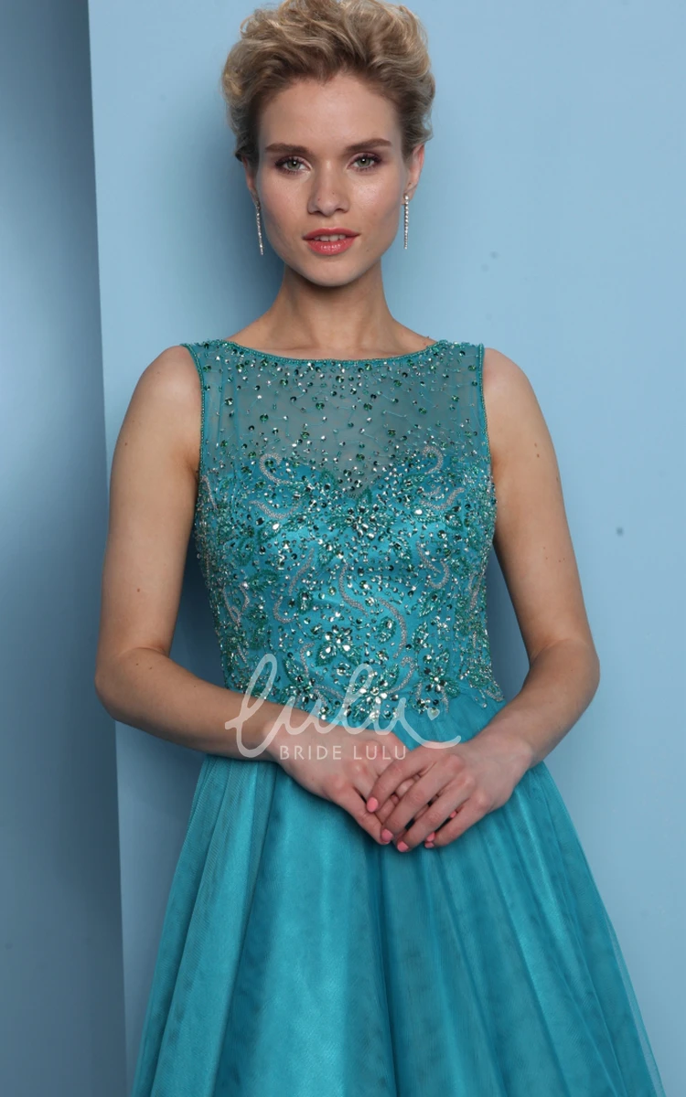 Beaded A-Line Prom Dress with Jewel-Neck and Pleats