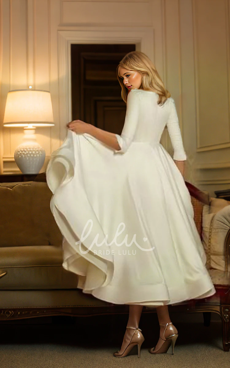 Simple Casual A-Line Long Sleeve V-neck Modest Tea-length Wedding Dress Gowns