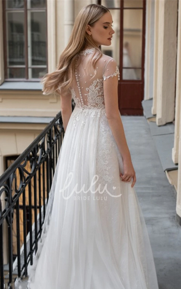 Delicate Tulle High Neck Wedding Dress with Appliques and Beading A-Line Wedding Dress