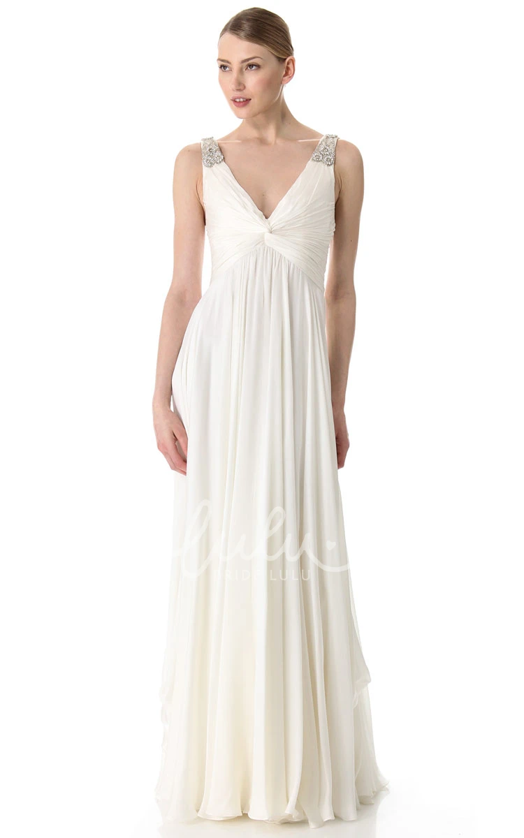 Empire Chiffon Floor-length Dress With Broad Straps Deep-V Neckline