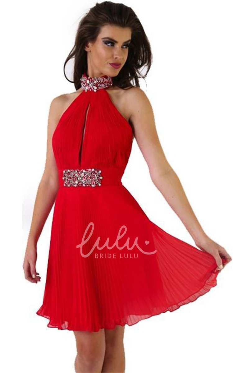 High Neck Sleeveless Pleated Chiffon Prom Dress with Beading Short Mini