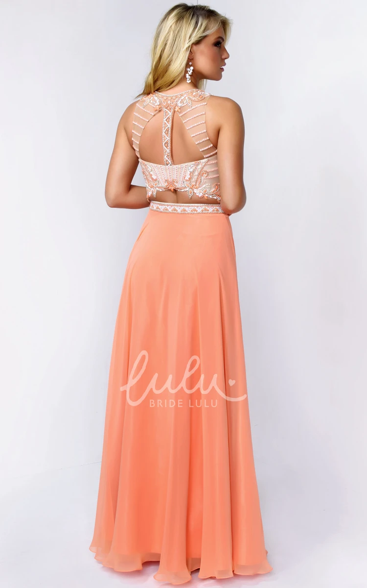 Beaded Jewel-Neck Sleeveless A-Line Chiffon Formal Dress with Floor-Length Skirt