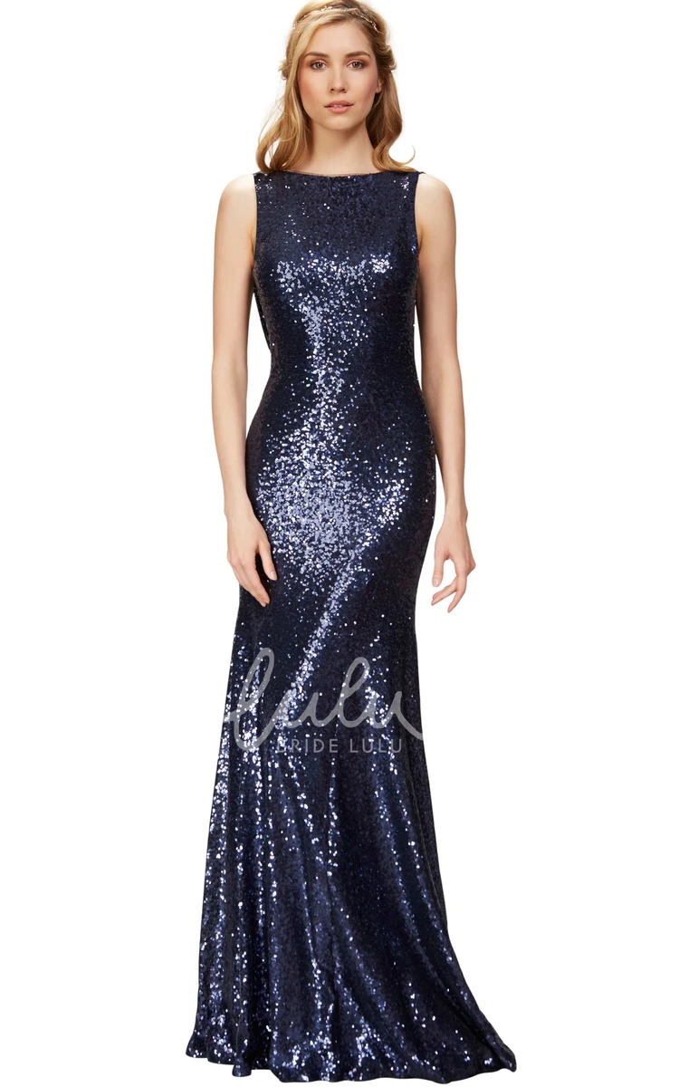 Sequin Mermaid Bridesmaid Dress with Bateau Neck and Brush Train