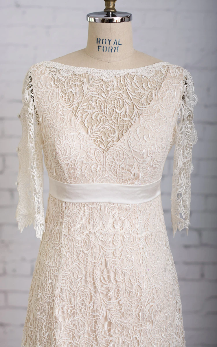 Half-Sleeved Lace Column Dress with Illusion Neck and V-Back