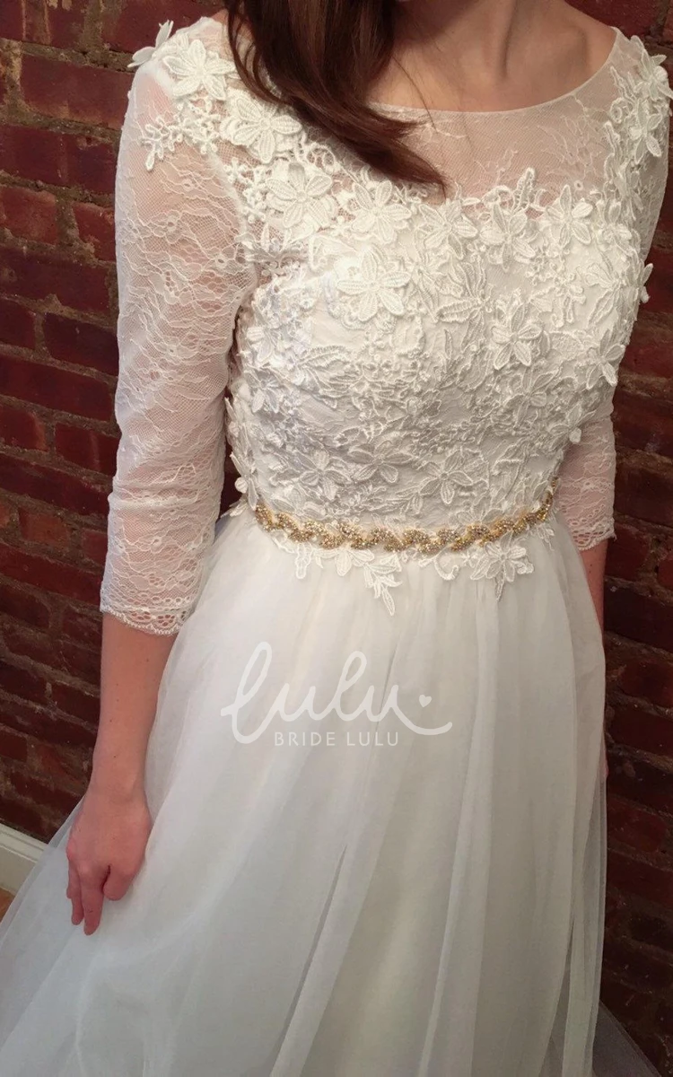 Flower Lace 3/4 Sleeve Wedding Dress