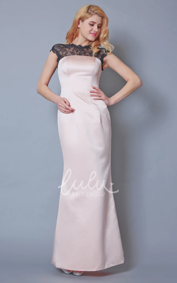 Short Sleeve Satin Bridesmaid Dress with Illusion Back Bateau Neck