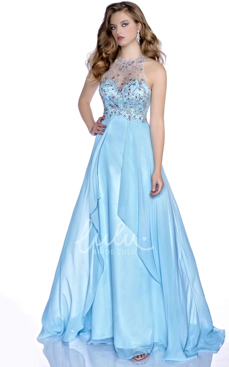 Sleeveless A-Line Chiffon Prom Dress with Beaded Bodice and Keyhole Back