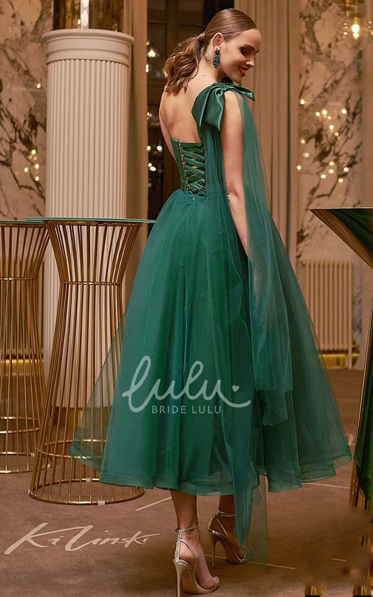 Ankle-length Lace-up Evening Dress with Bow in One-shoulder Satin A Line Style