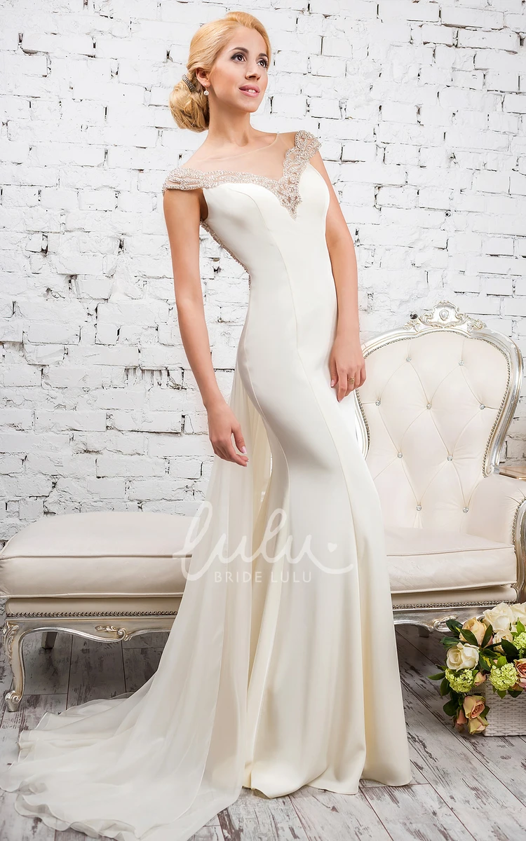 Satin & Tulle Beaded Sheath Wedding Dress with Cap Sleeves