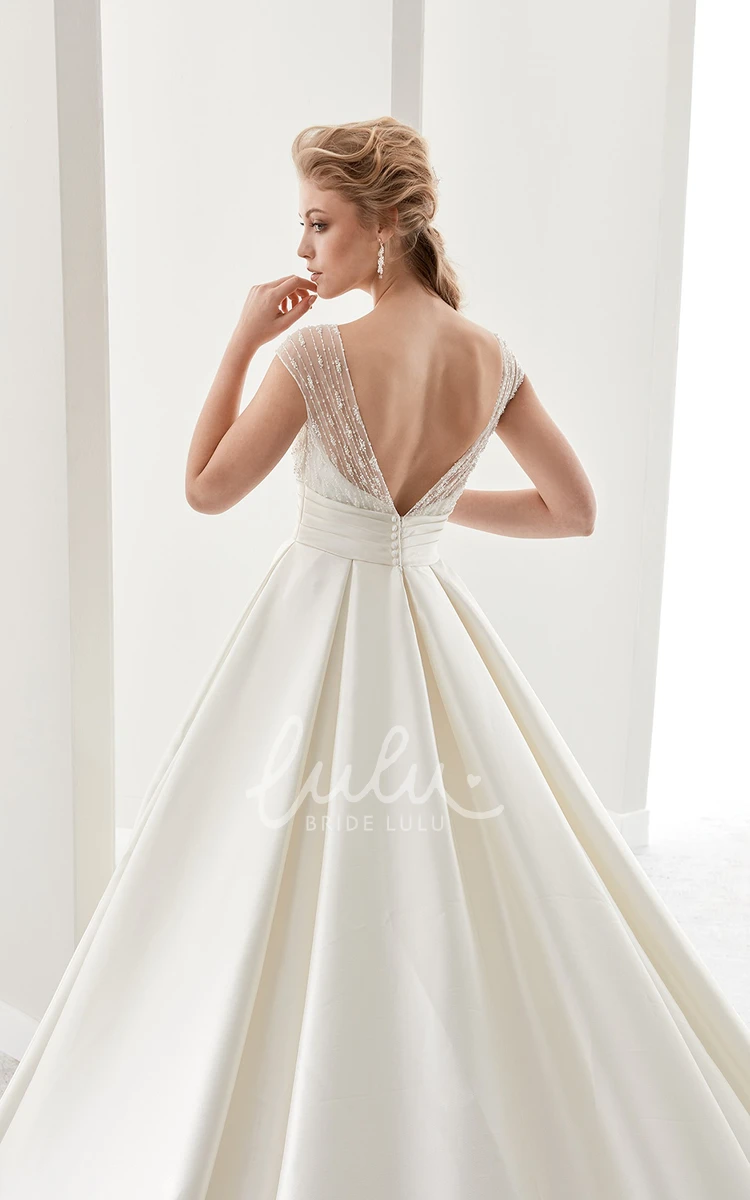 Satin A-Line Wedding Dress with Cinched Waistband and Low-V Back Illusion-Strap V-Neck