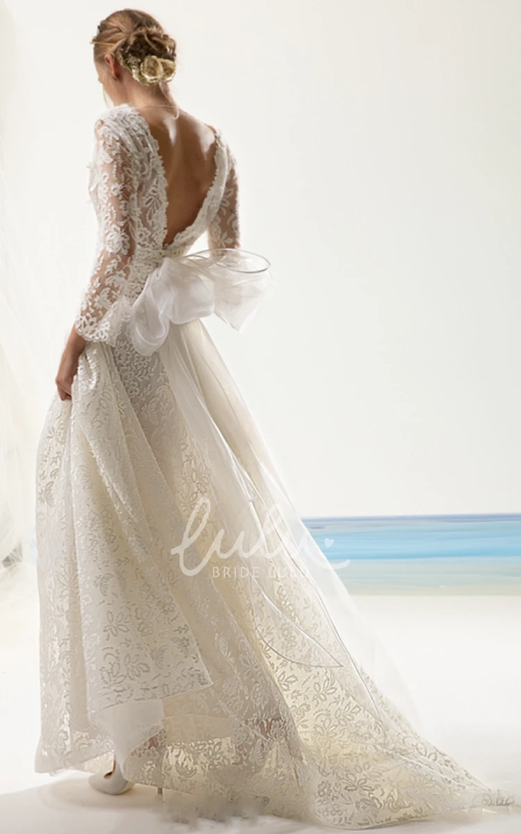 Long Sleeve Lace Wedding Dress with Bow Vintage A Line Wedding Dress