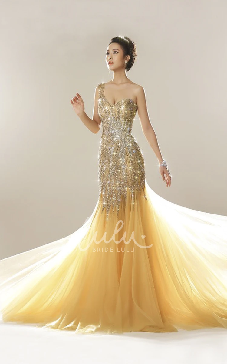 Luxury Tulle Mermaid Formal Dress with One Shoulder and Open Back