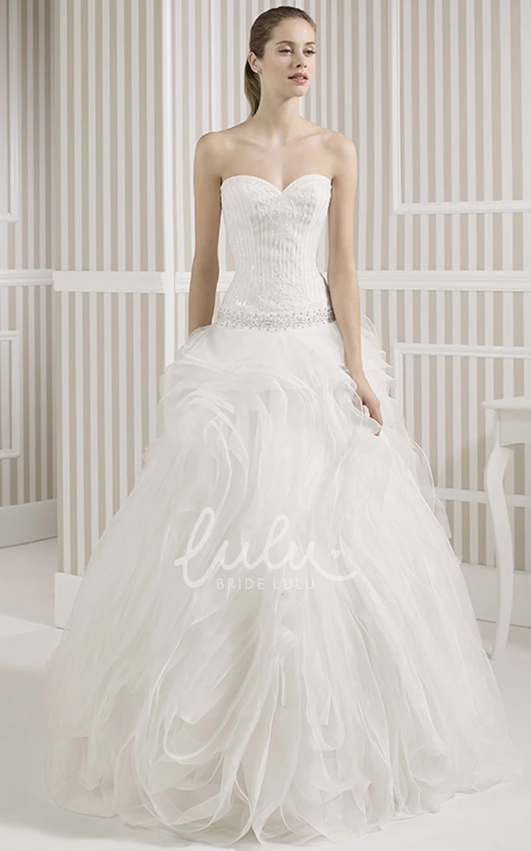 Beaded Tulle Wedding Dress with Ruffles and V Back A-Line Sweetheart Maxi