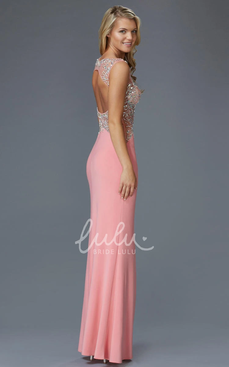 Sleeveless Jersey Keyhole Formal Dress with Beading Sheath Long V-Neck