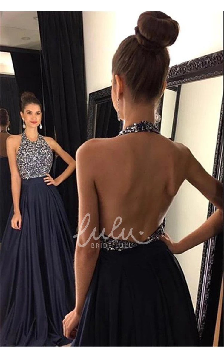 Black Halter Backless Prom Dress with Beaded Chiffon Skirt