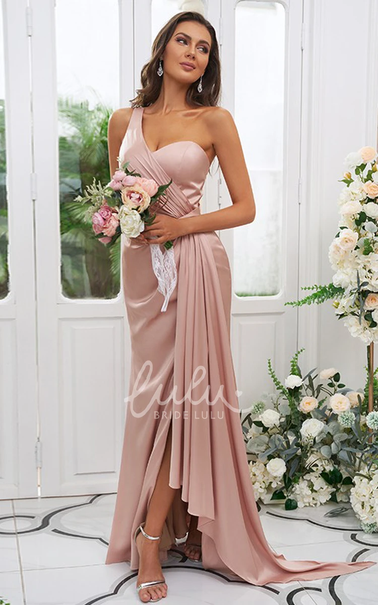Satin Split Front Bridesmaid Dress 2024 Sleeveless Sheath Floor-length One-shoulder Elegant