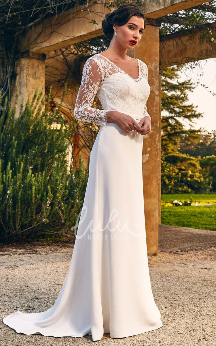 Romantic Long Sleeve Lace Satin Sheath V-neck Wedding Dress with Sweep Train