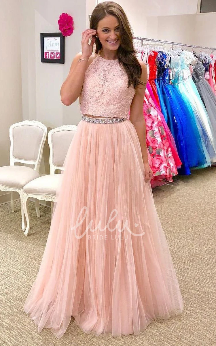 Two Piece Lace Tulle Halter Formal Dress with Floor-length A-Line Skirt