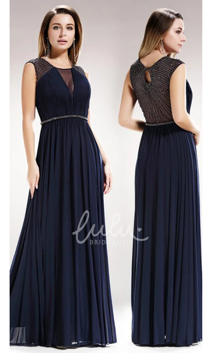 Chiffon Cap-Sleeve A-Line Dress with Pleats and Beading for Formals