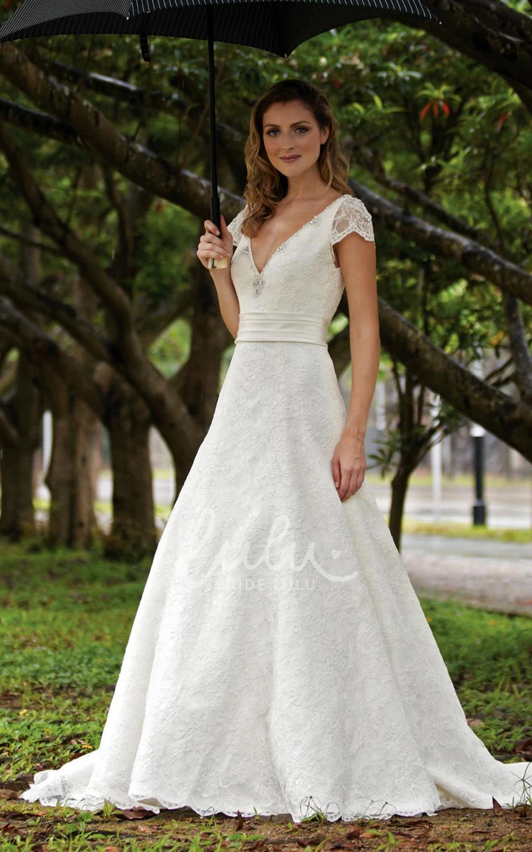 Lace Beaded A-Line Wedding Dress with Cap Sleeves and Court Train