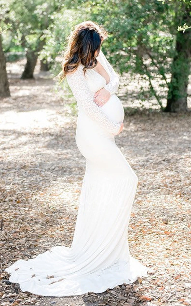 Long Sleeve Sheath Maternity Wedding Dress with Sweep Train and Empire Waist