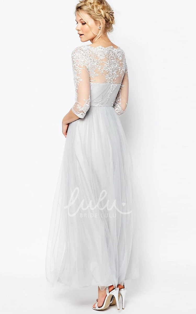 Appliqued Tulle Bridesmaid Dress with Half Sleeve and Bateau Neck