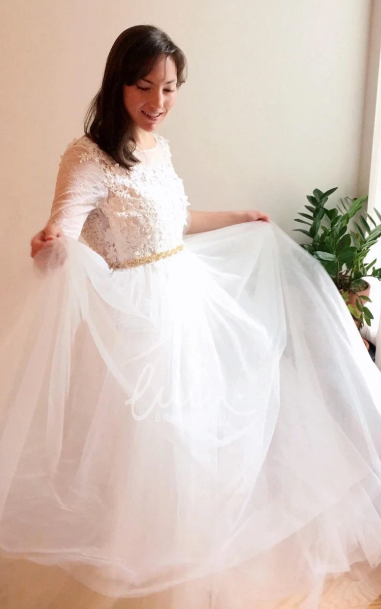 Flower Lace 3/4 Sleeve Wedding Dress