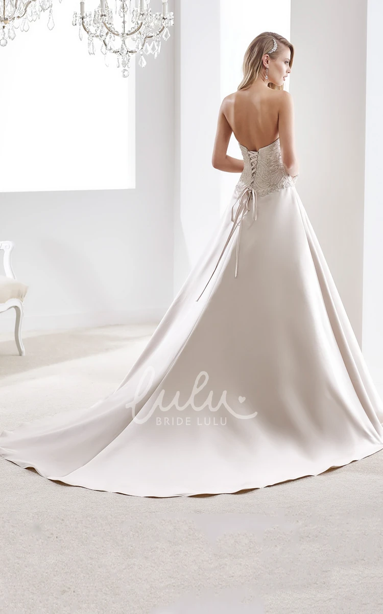 A-Line Stain Wedding Dress with Beaded Bodice and Lace-Up Back Sweetheart