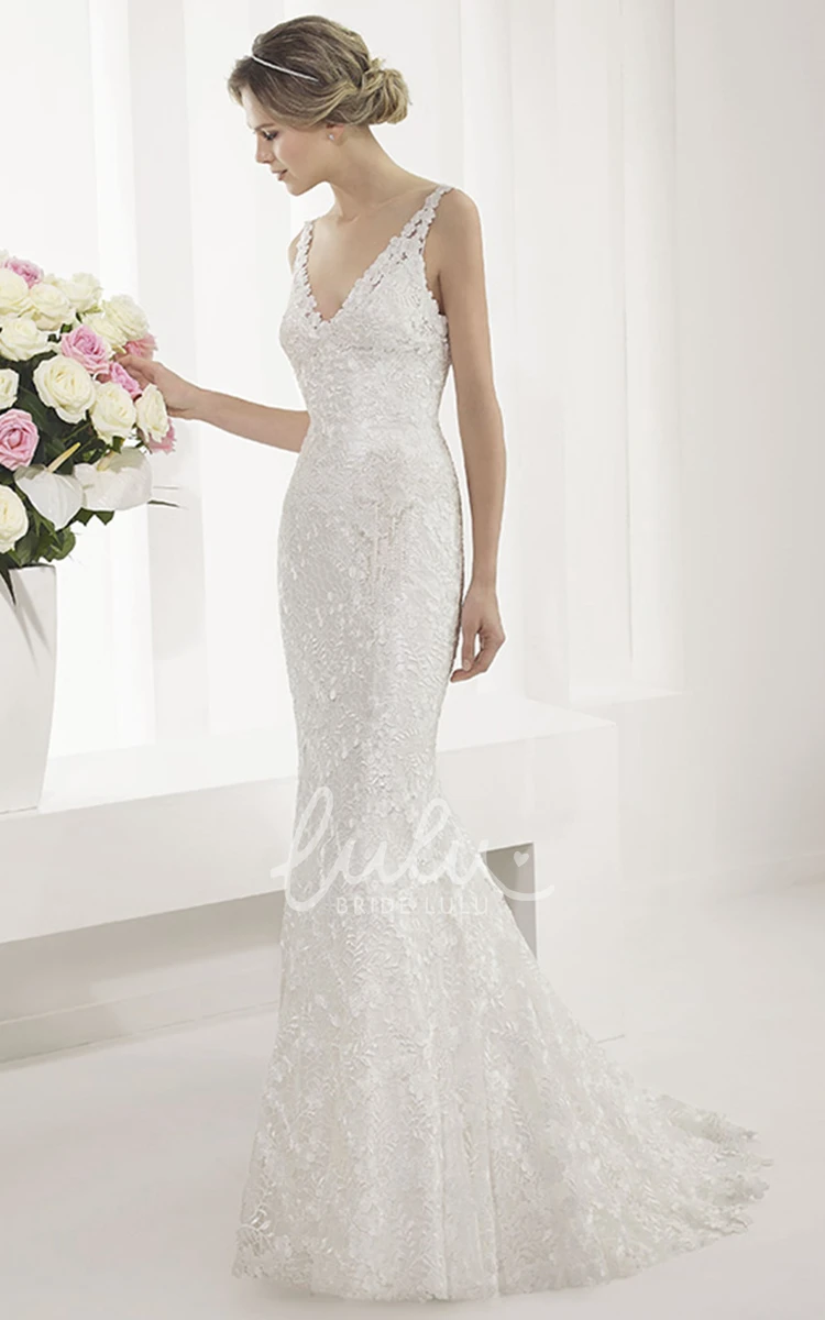 Mermaid Bridal Gown with Allover Lace V Neck V Back Wedding Dress