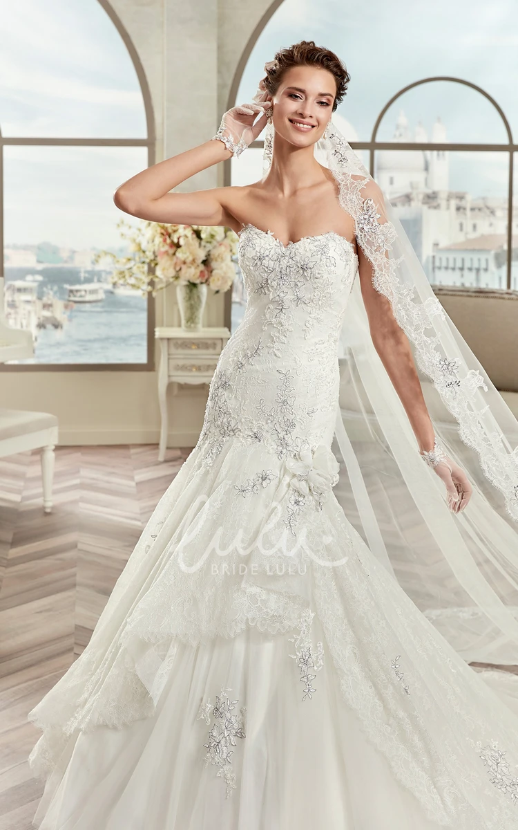 Mermaid Wedding Dress with Sweetheart Neckline Appliques and Asymmetrical Ruffles