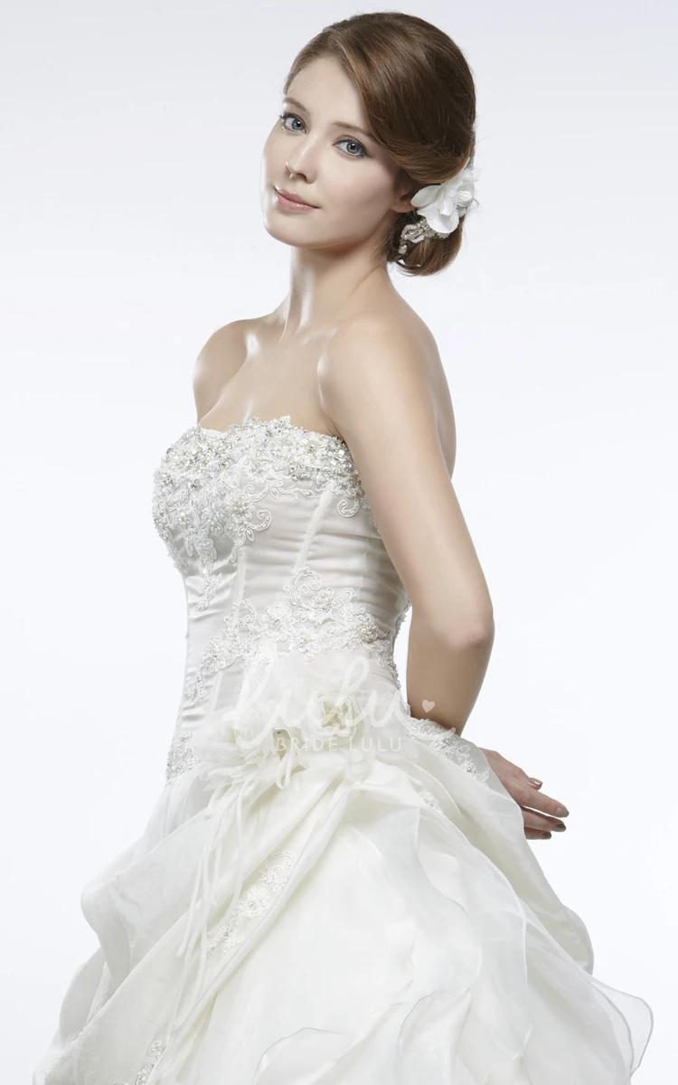 Organza Cascading-Ruffle Strapless A-Line Wedding Dress with Pick Up and Flower