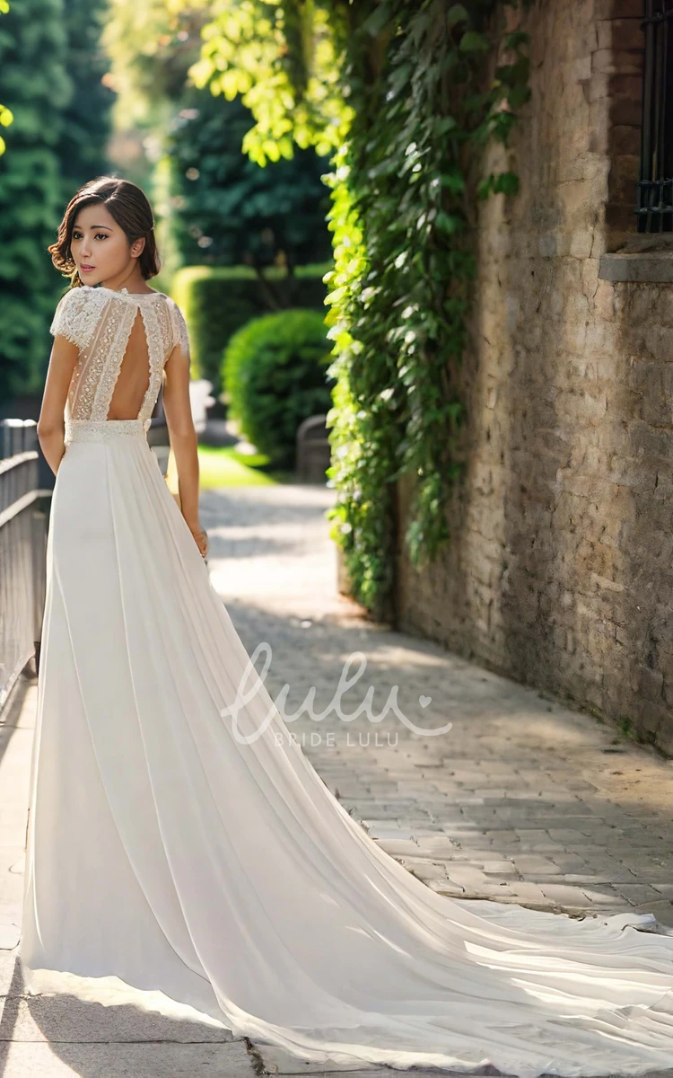 Boho Lace Cap A-Line Illusion Open Back Chiffon Wedding Dress With Train