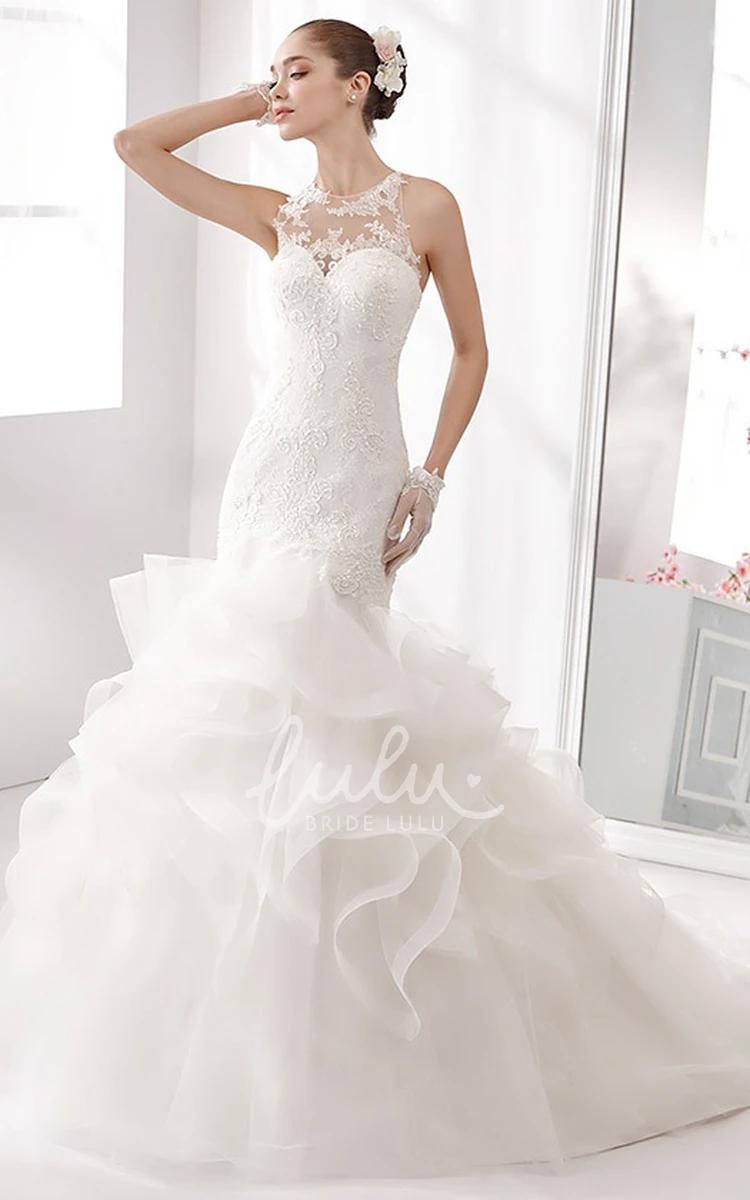 Jewel-Neck Mermaid Lace Wedding Dress with Ruching Train