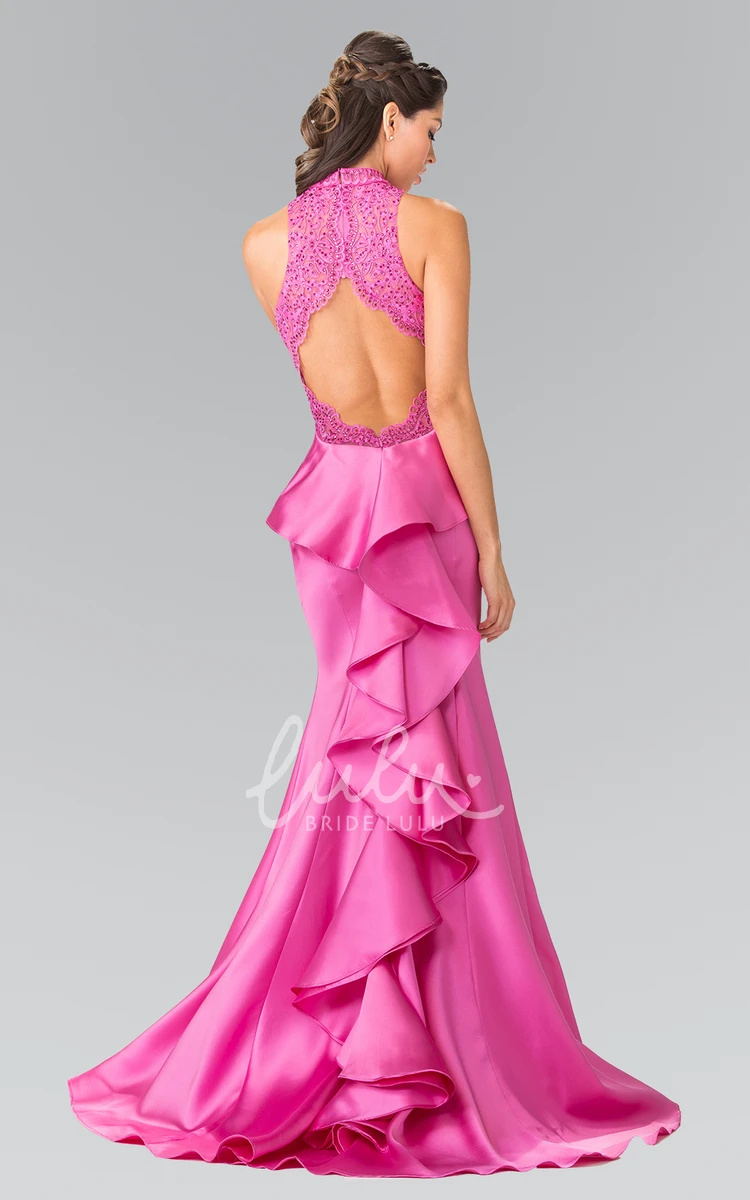 Mermaid Satin Formal Dress with High Neck and Cascading Ruffles