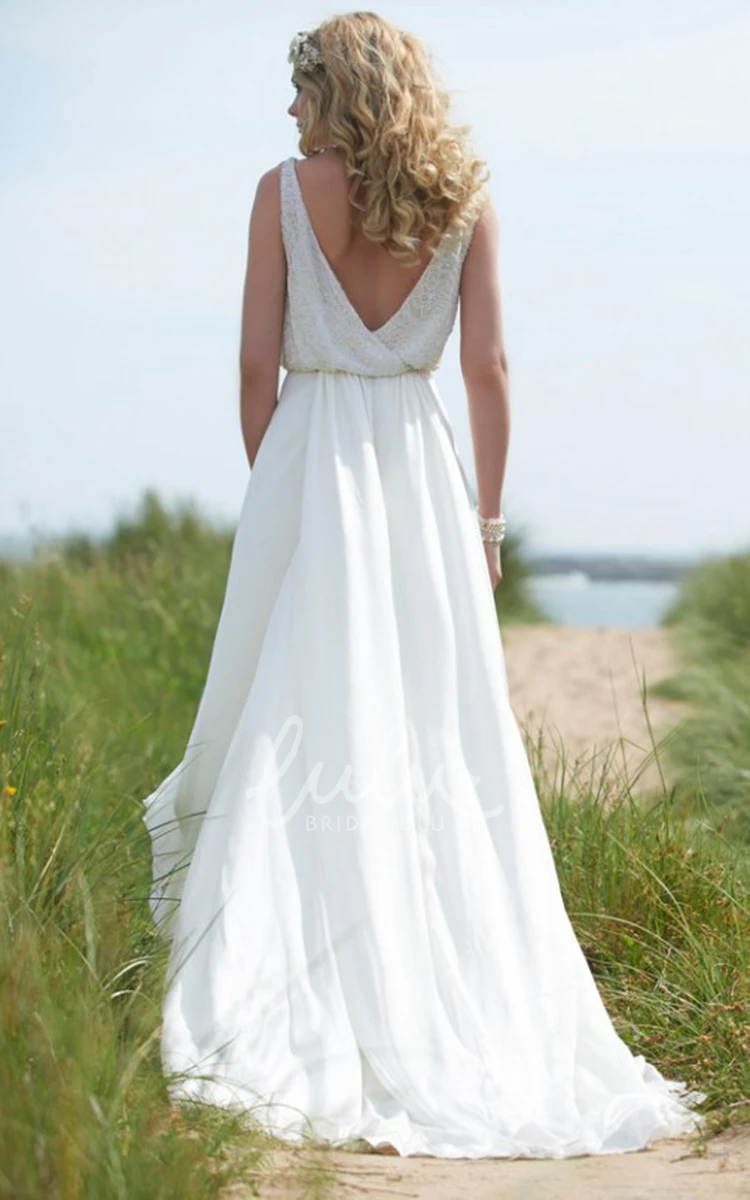 Chiffon Wedding Dress with Straps Maxi Length Beading Sweep Train & V Back