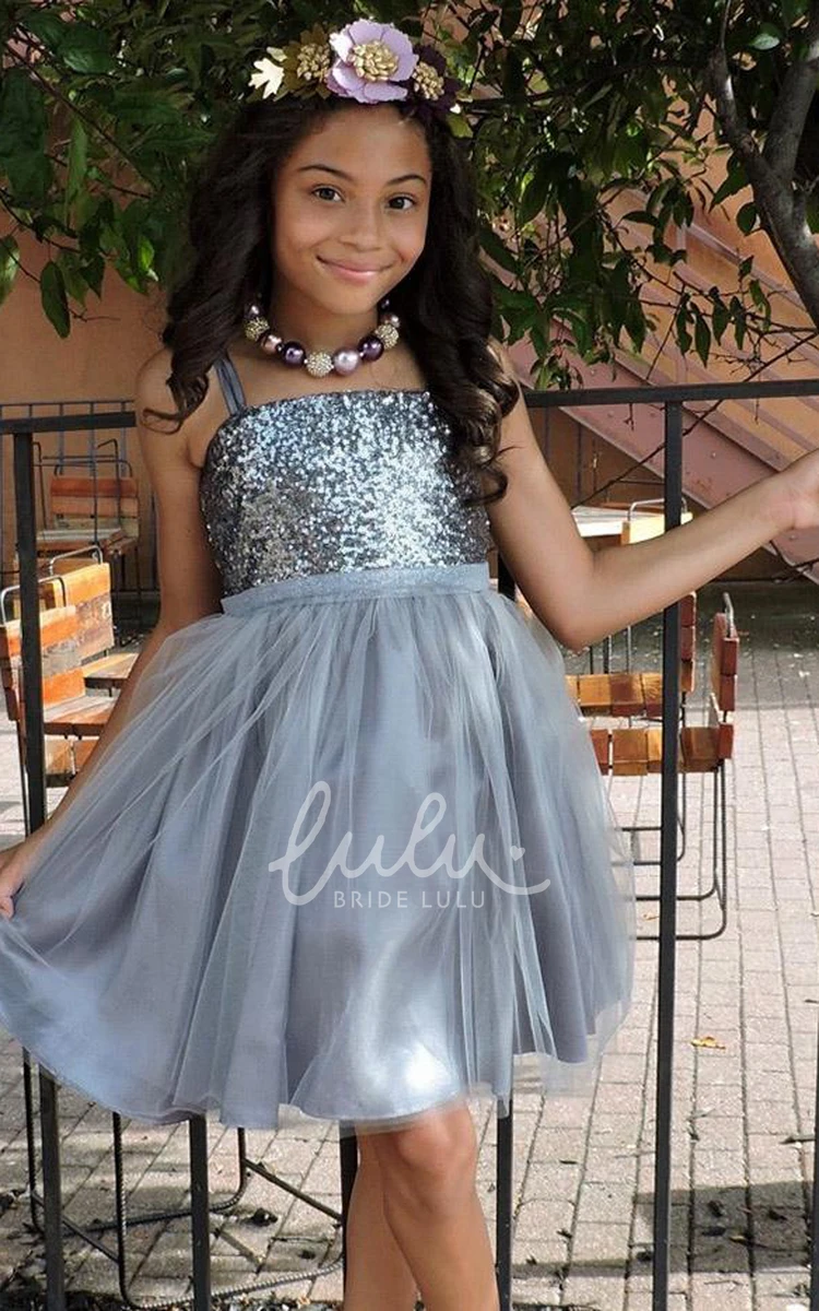 Midi Spaghetti Strap Flower Girl Dress Flowy Tulle and Sequins
