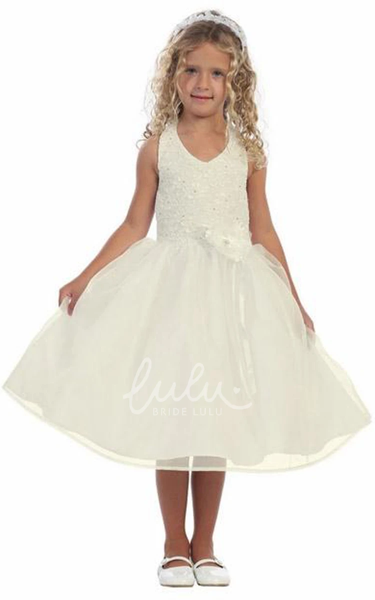 Floral Lace Tea-Length Flower Girl Dress with Beading Elegant Wedding Dress