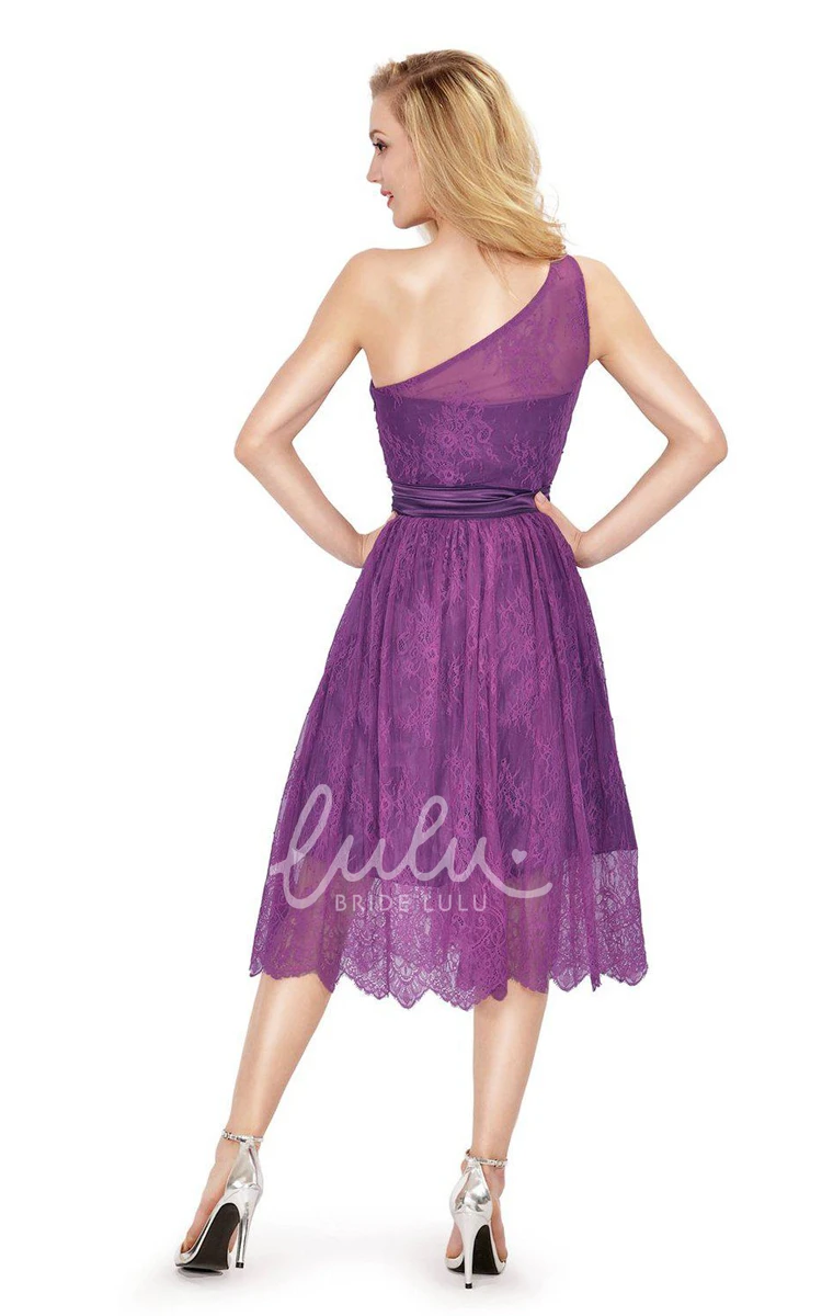 Lace and Bow Tea-length Dress with One-Shoulder Unique and Classy