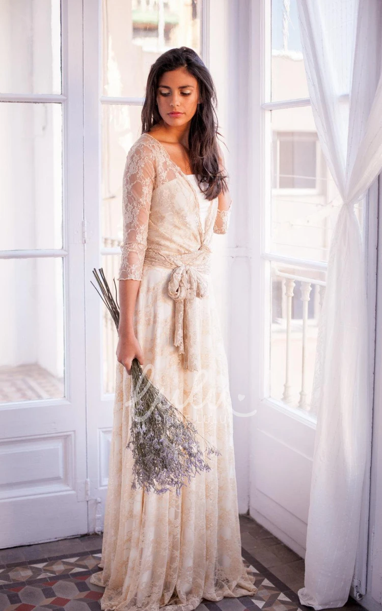 Long Sleeve Lace Floor-Length Wedding Dress with Vintage Style