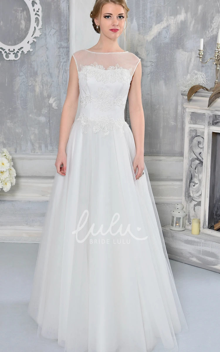 Bateau-Neck Tulle A-Line Wedding Dress Sleeveless Floor-Length Bridal Gown with Appliques