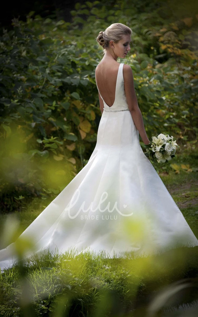 Satin V-Neck Wedding Dress with Waist Jewelry and Deep-V Back A-Line Wedding Dress